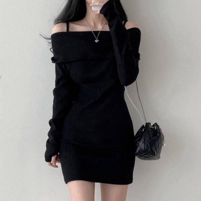 Damen Gothic Off-Shoulder Mini Kleid Langarm Streifen Bodycon Kurzes Kleid Wickel Rippstrick Pulloverkleid M schwarz von Joom DACH