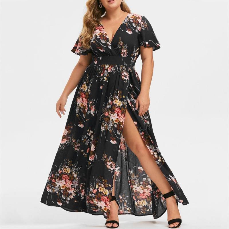 Damen Große Größen Sommerkleid Übergröße Lässiges Boho-Print Kurzarm Rüschen Blumenmuster Unregelmäßige Kleider Sommerkleid 2XL schwarz von Joom DACH