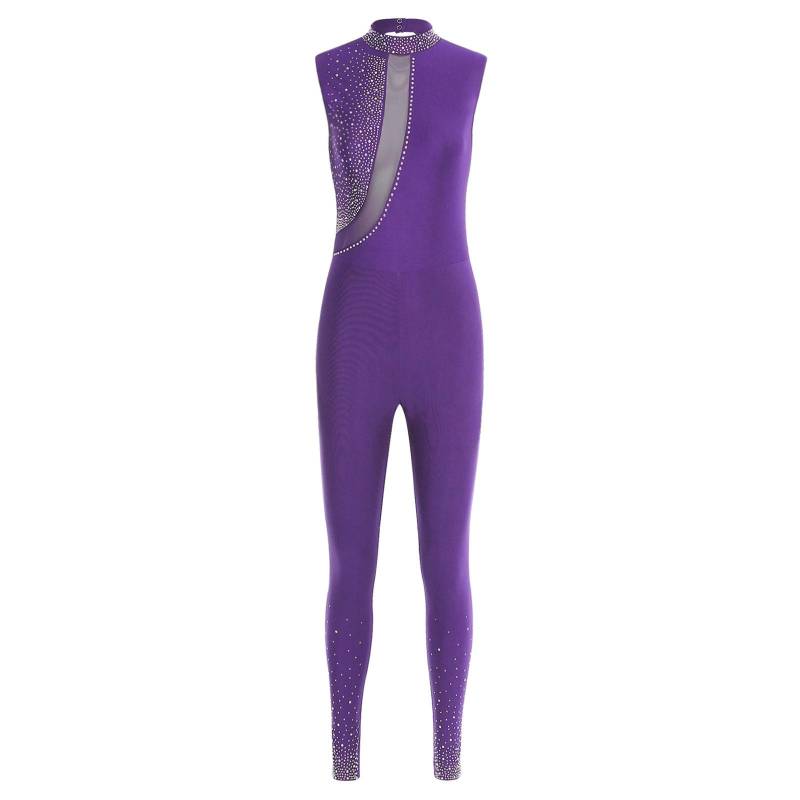 Damen Gymnastik Body Ärmellos Rücken Ausgeschnitten Glitzernde Strasssteine Unitard Jumpsuit Yoga Wettkampfbekleidung M violett von Joom DACH