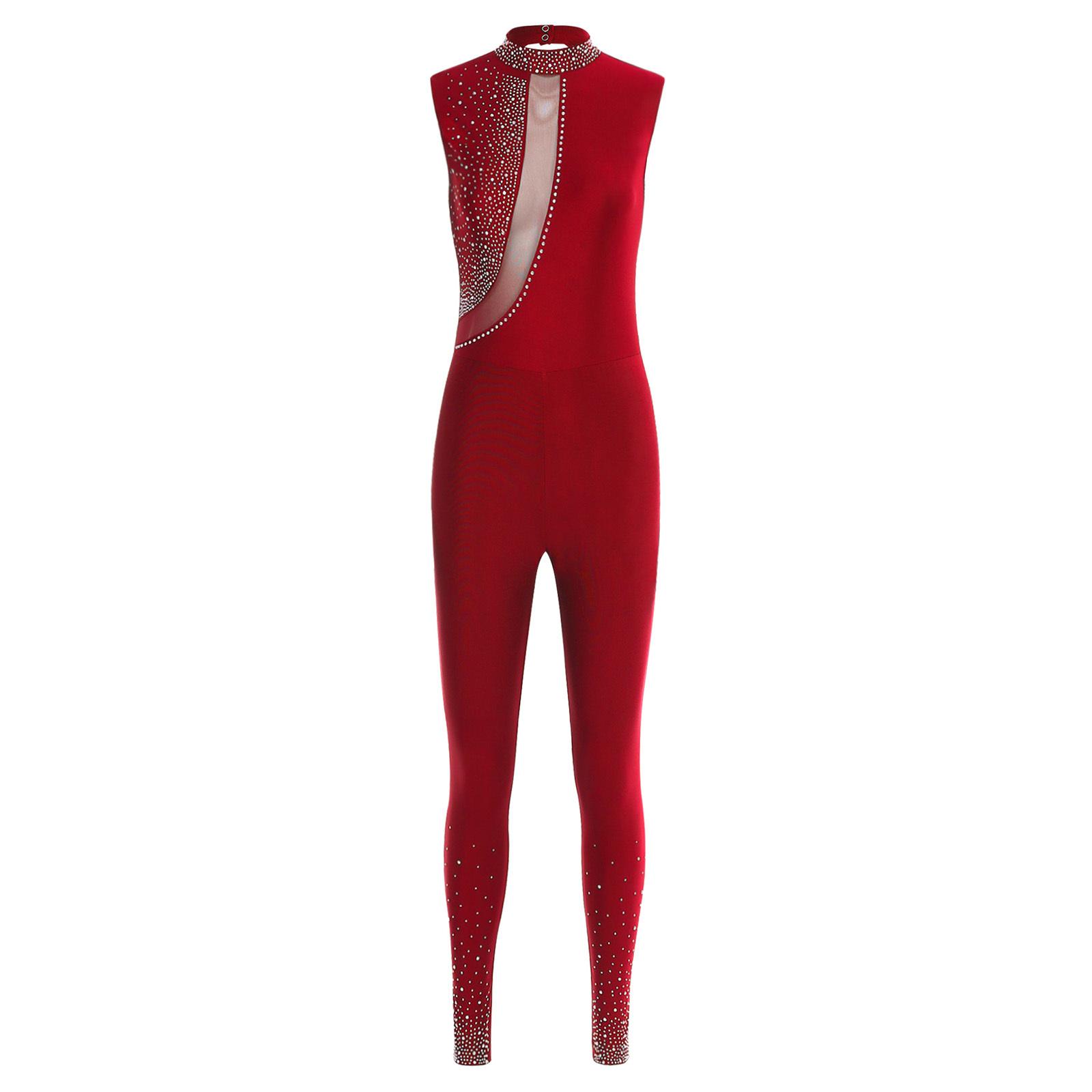 Damen Gymnastik Body Ärmellos Rücken Ausgeschnitten Glitzernde Strasssteine Unitard Jumpsuit Yoga Wettkampfbekleidung bordeaux von Joom DACH