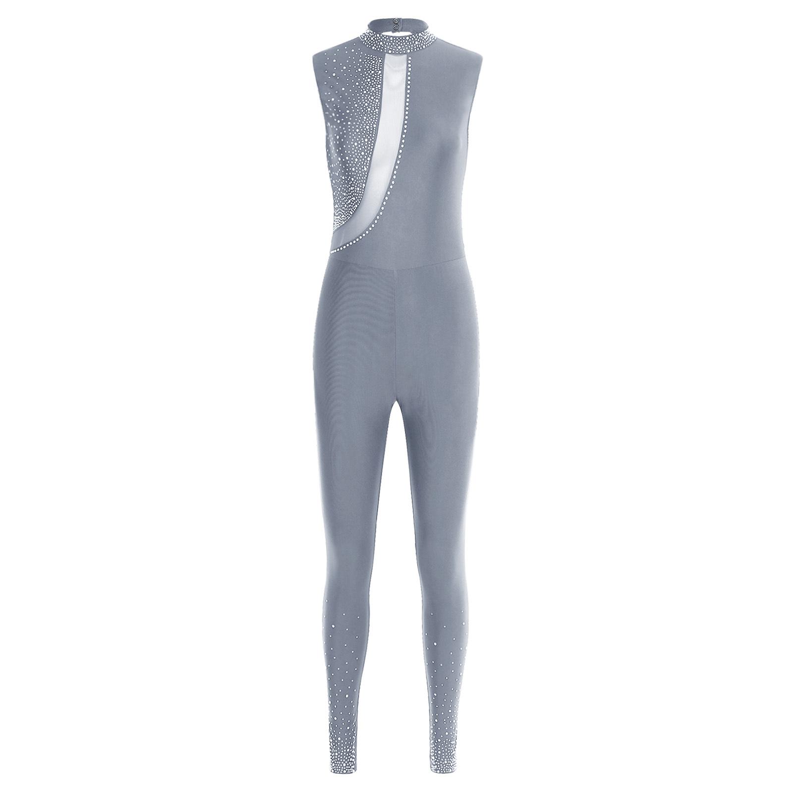 Damen Gymnastik Body Ärmellos Rücken Ausgeschnitten Glitzernde Strasssteine Unitard Jumpsuit Yoga Wettkampfbekleidung S grau von Joom DACH