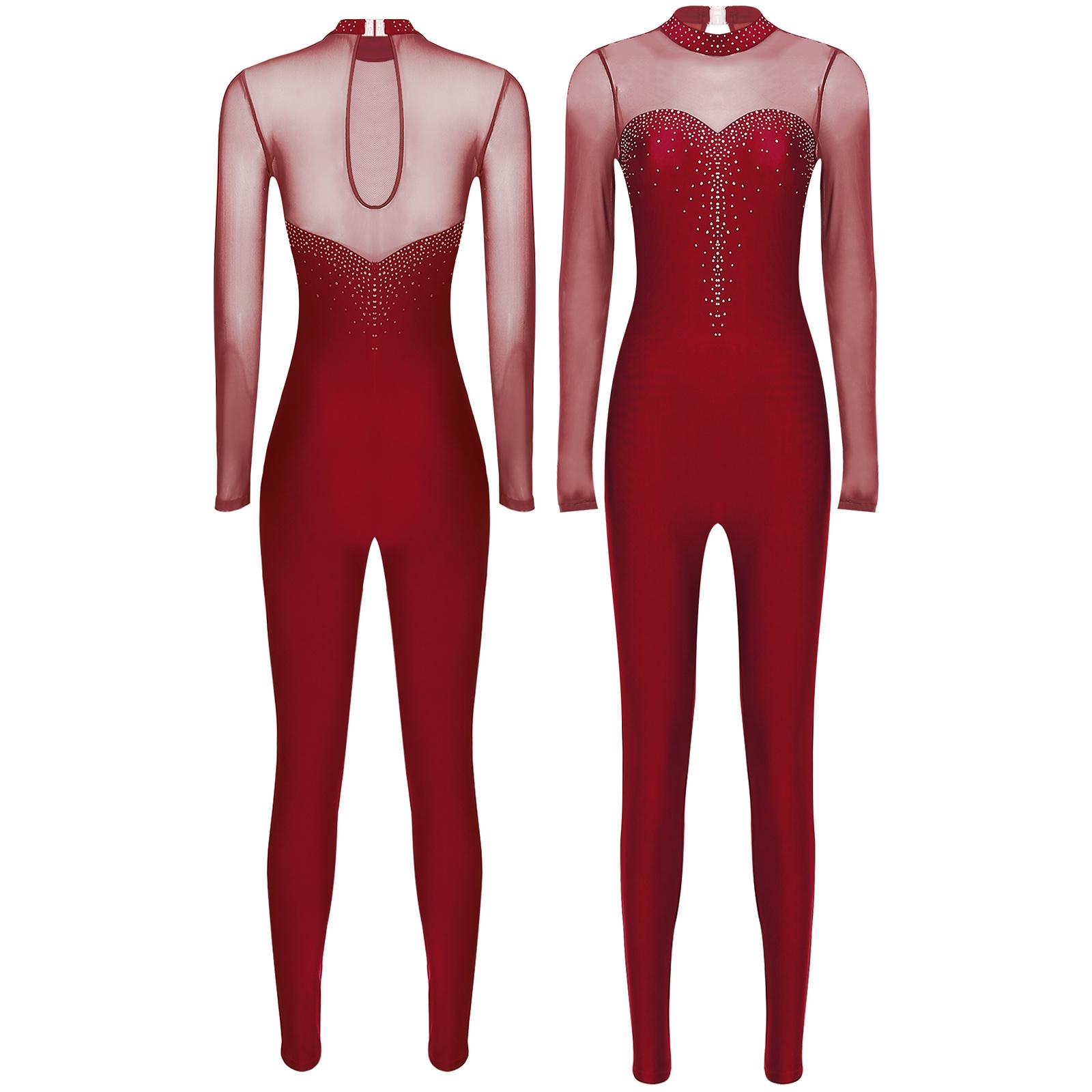 Damen Gymnastikanzug Einteiler Langarm Glänzender Strass Ganzkörperbody Eiskunstlauf Jumpsuit Catsuit M bordeaux von Joom DACH