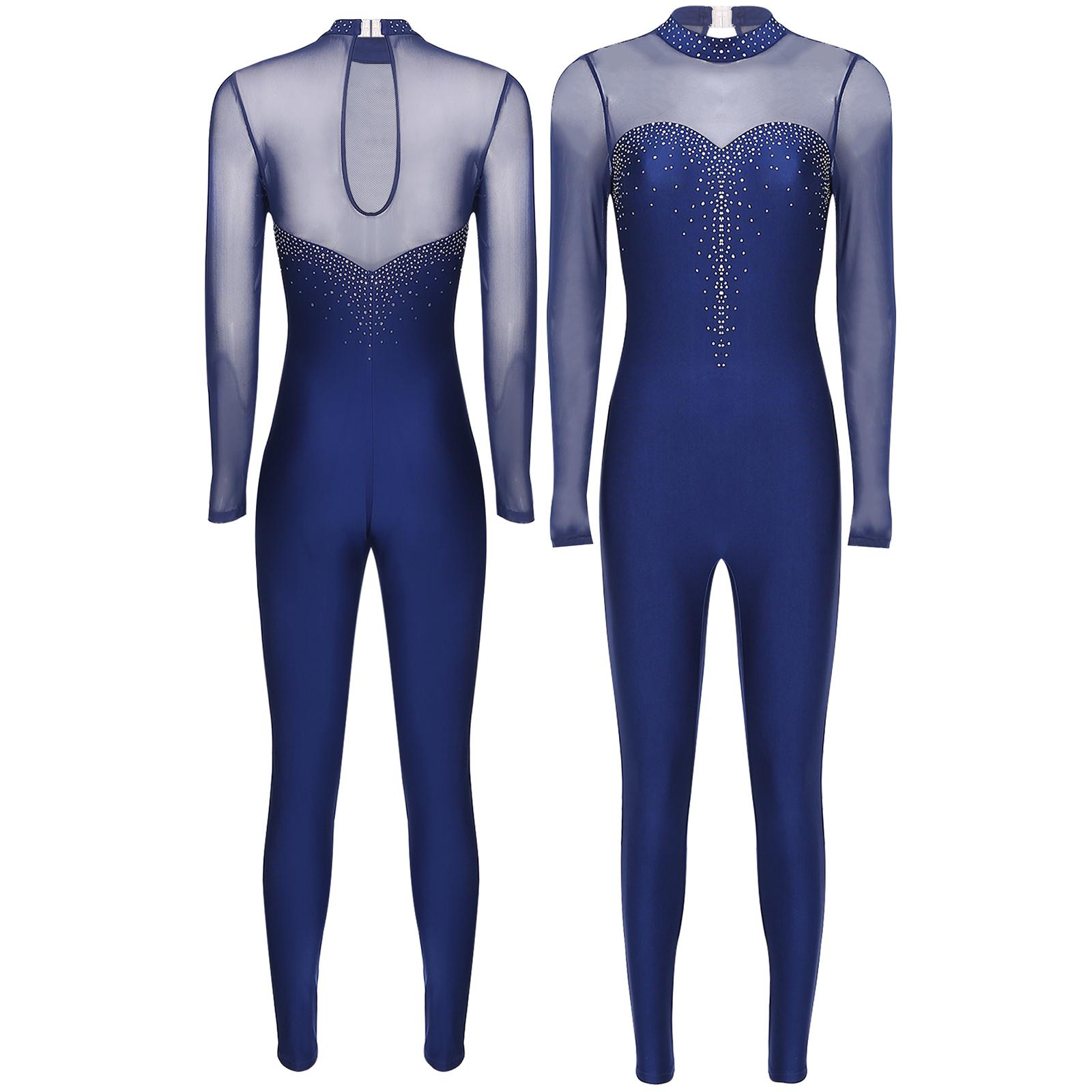 Damen Gymnastikanzug Einteiler Langarm Glänzender Strass Ganzkörperbody Eiskunstlauf Jumpsuit Catsuit S navy blau von Joom DACH
