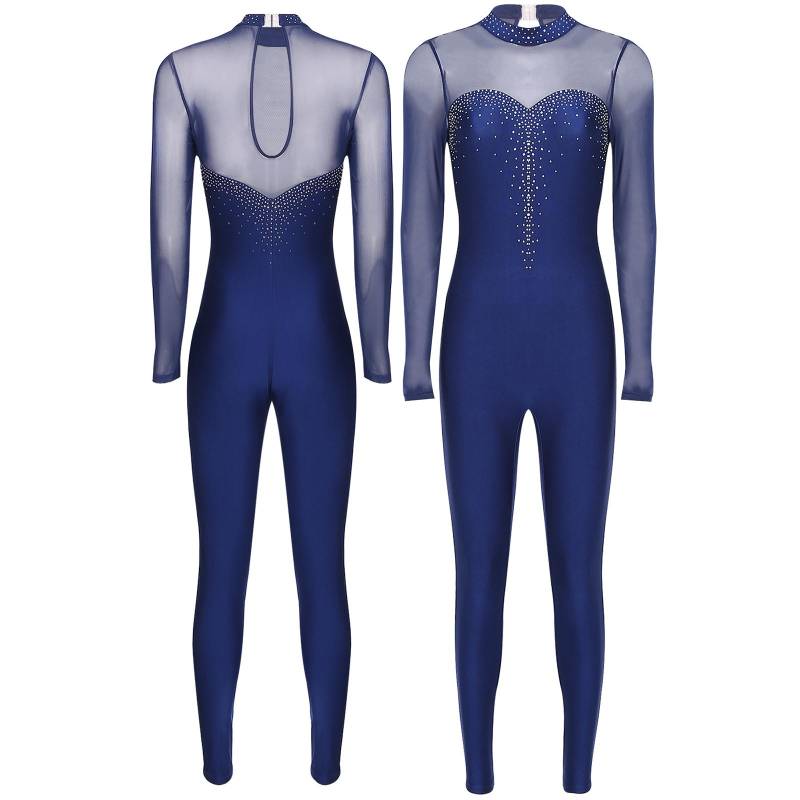 Damen Gymnastikanzug Einteiler Langarm Glänzender Strass Ganzkörperbody Eiskunstlauf Jumpsuit Catsuit S navy blau von Joom DACH