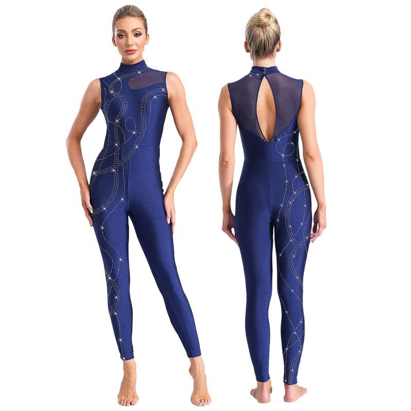 Damen Gymnastikanzug Einteiliger Ärmelloser Tanzbody Skating Jumpsuit Ballettanzug navy blau von Joom DACH