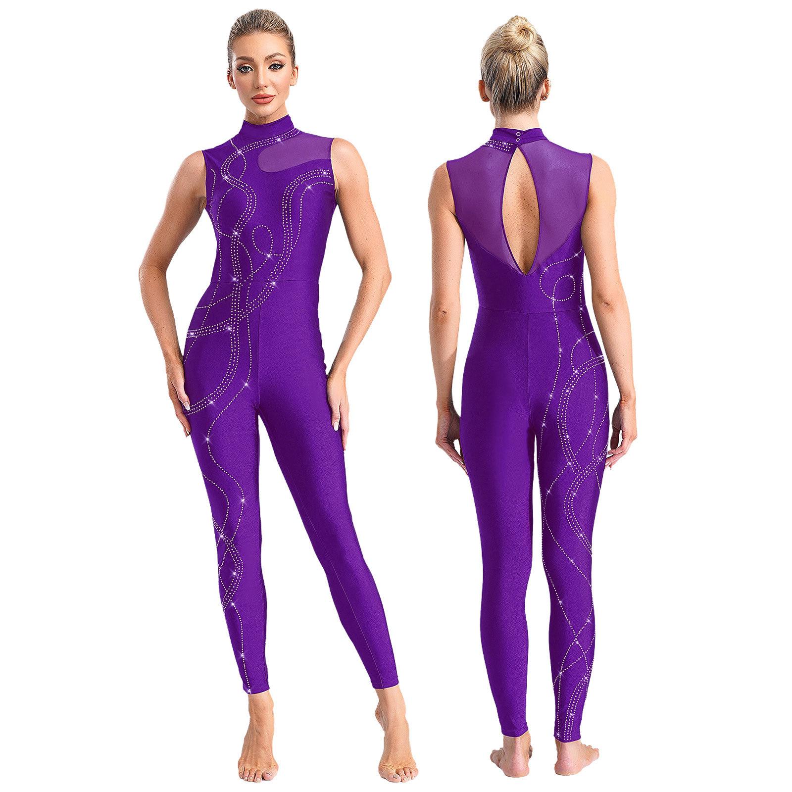 Damen Gymnastikanzug Einteiliger Ärmelloser Tanzbody Skating Jumpsuit Ballettanzug S violett von Joom DACH