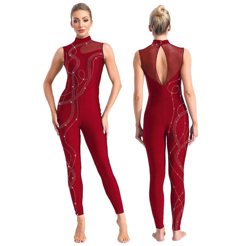 Damen Gymnastikanzug Einteiliger Ärmelloser Tanzbody Skating Jumpsuit Ballettanzug XL bordeaux von Joom DACH