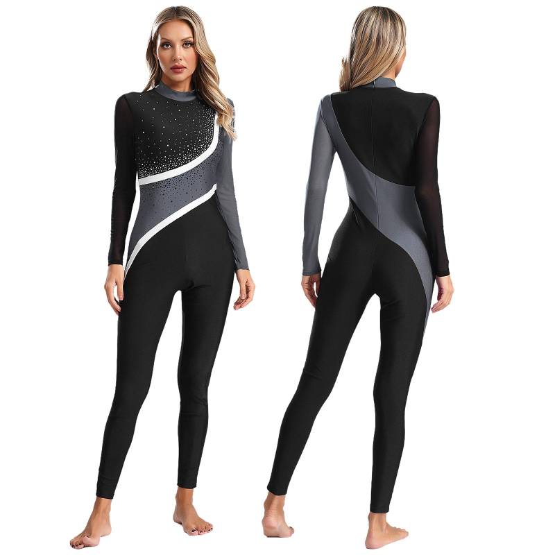Damen Gymnastikanzug Jumpsuit Tanzbekleidung Glänzender Strass Ganzkörperanzug Transparenter Netzstoff Langarm Eiskunstlauf Bodysuit L graue von Joom DACH