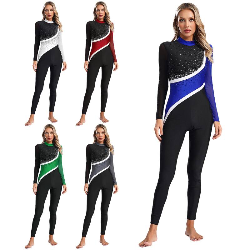 Damen Gymnastikanzug Jumpsuit Tanzbekleidung Glänzender Strass Ganzkörperanzug Transparenter Netzstoff Langarm Eiskunstlauf Bodysuit S blau von Joom DACH