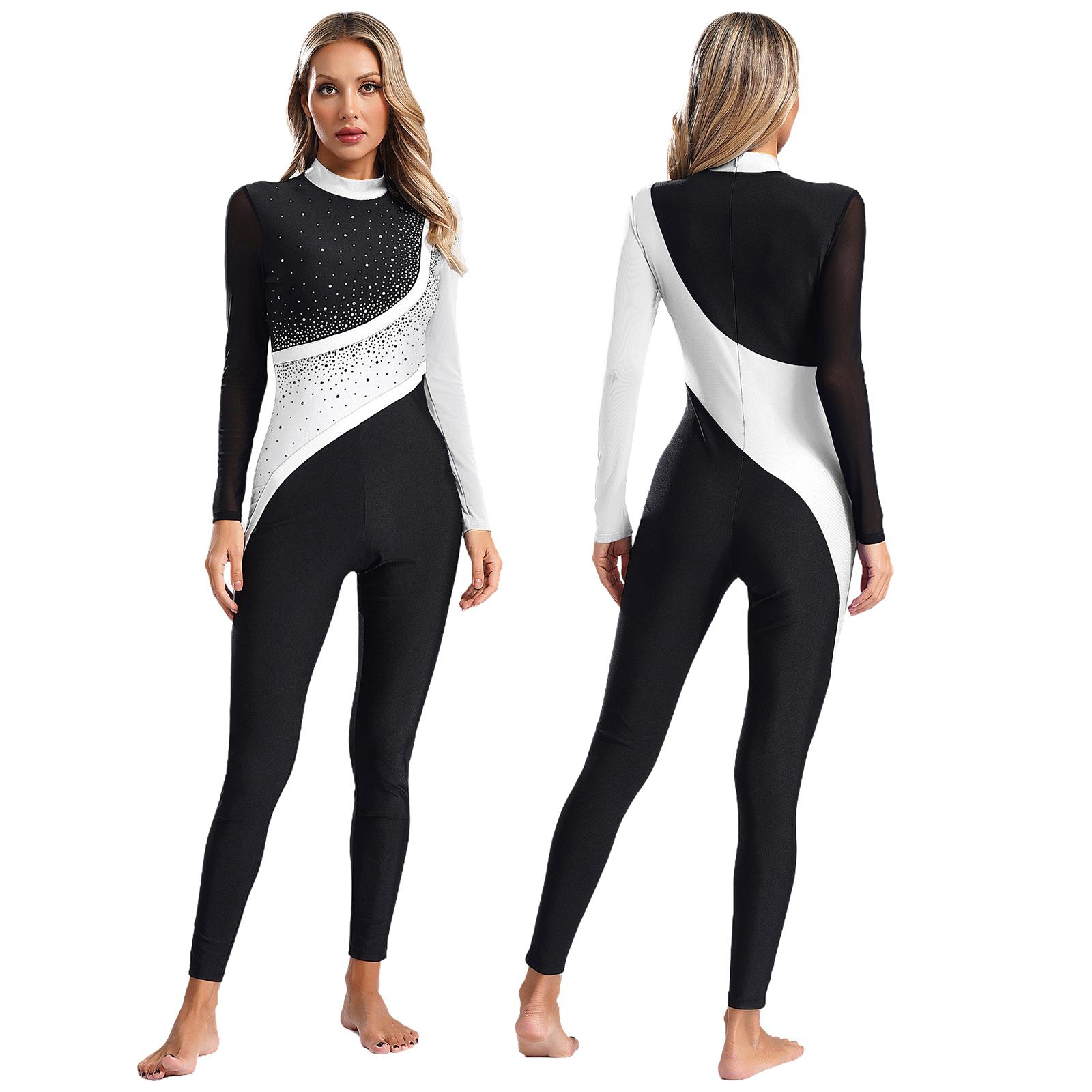 Damen Gymnastikanzug Jumpsuit Tanzbekleidung Glänzender Strass Ganzkörperanzug Transparenter Netzstoff Langarm Eiskunstlauf Bodysuit XXL weiß von Joom DACH