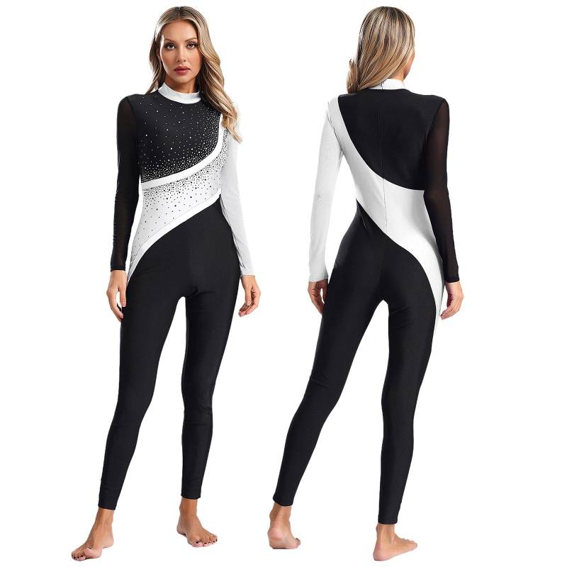 Damen Gymnastikanzug Jumpsuit Tanzbekleidung Glänzender Strass Ganzkörperanzug Transparenter Netzstoff Langarm Eiskunstlauf Bodysuit XXL weiß von Joom DACH