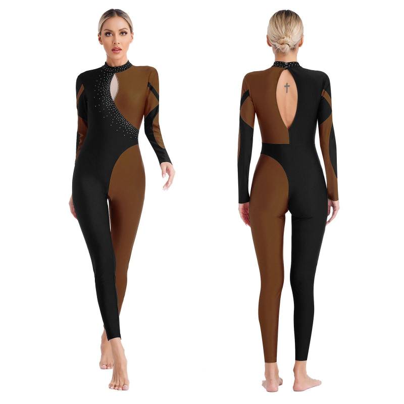Damen Gymnastikanzug mit glänzendem Strasssteinen, Ganzanzug, Ganzkörperansicht, Eiskunstlauf-Overall S braun von Joom DACH