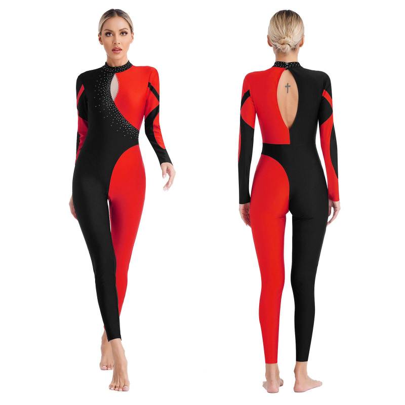 Damen Gymnastikanzug mit glänzendem Strasssteinen, Ganzanzug, Ganzkörperansicht, Eiskunstlauf-Overall S rot von Joom DACH