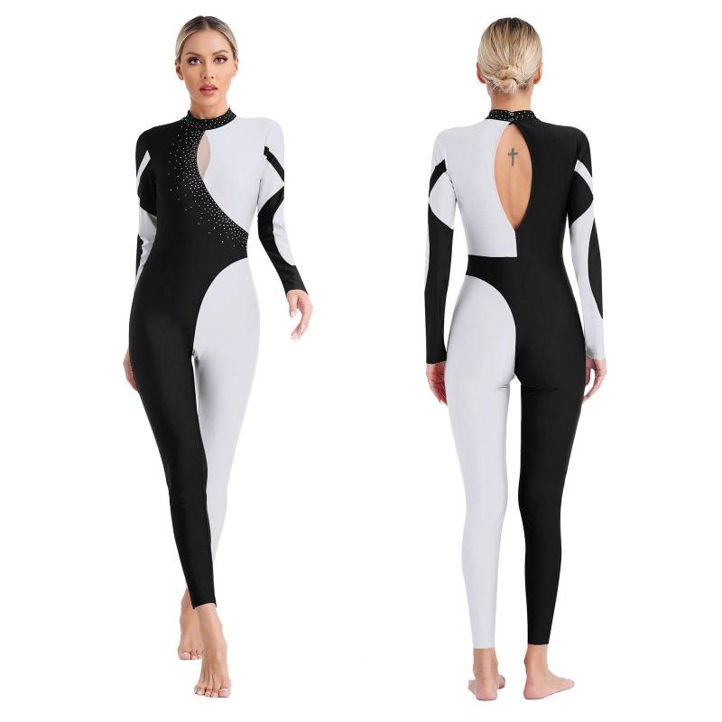 Damen Gymnastikanzug mit glänzendem Strasssteinen, Ganzanzug, Ganzkörperansicht, Eiskunstlauf-Overall S weiß von Joom DACH