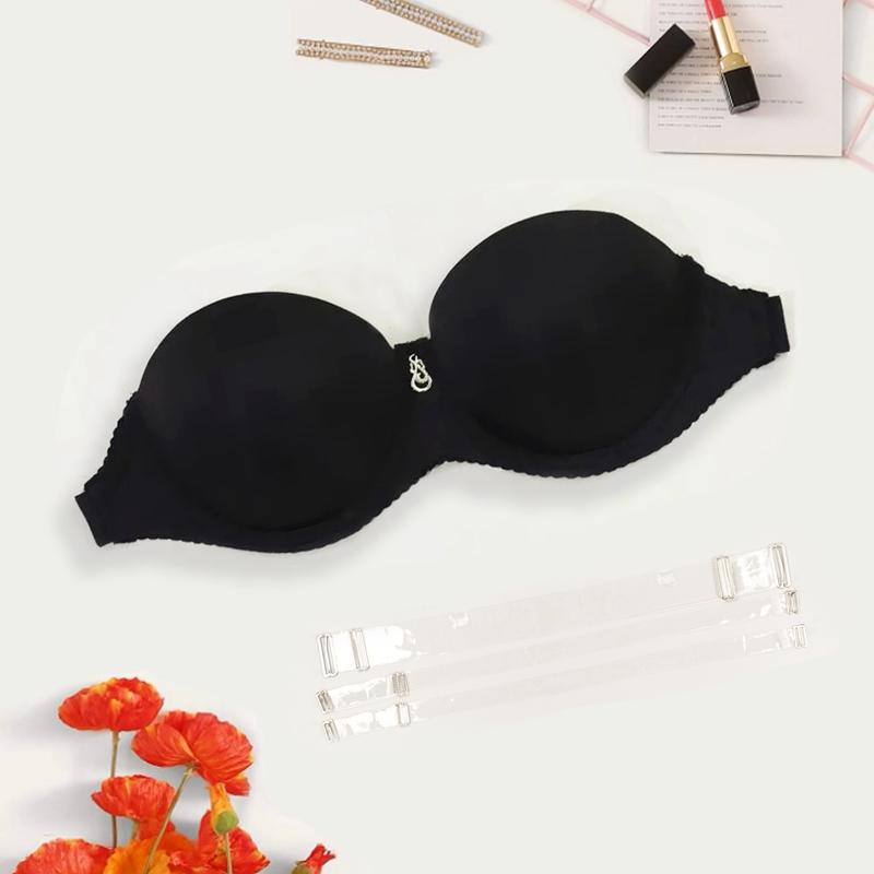 Damen-Halbschalen-Bügel-BH mit dickem Polster und transparenten Trägern und rückenfreiem Design, unsichtbarer BH, Dessous, 70B-85B, 70C-80C 85B schwarz von Joom DACH
