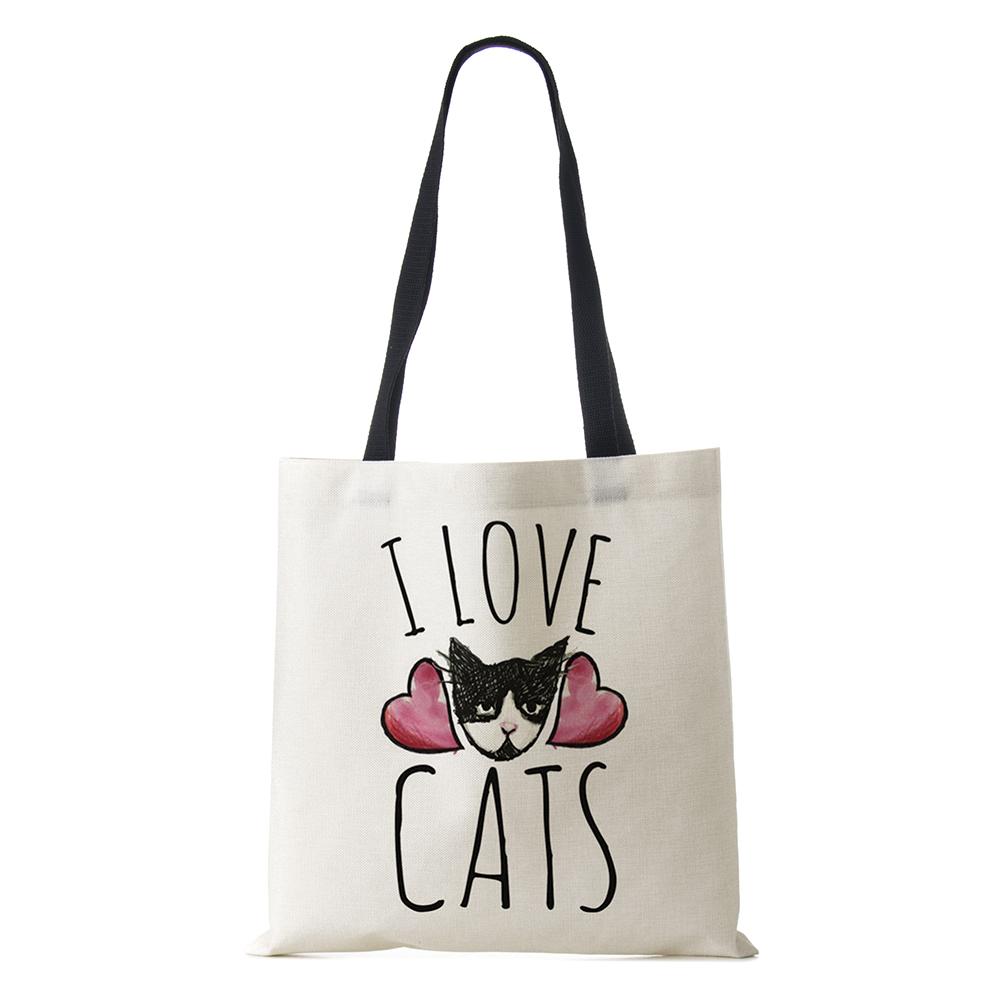 Damen-Handtasche, Leinen-Tragetaschen mit Katzen-Aufdruck, lässig, für Reisen, Strand, Geschenktaschen von Joom DACH