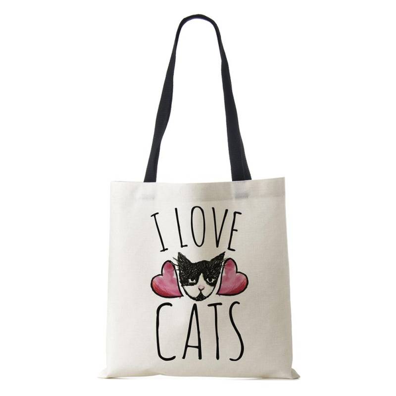 Damen-Handtasche, Leinen-Tragetaschen mit Katzen-Aufdruck, lässig, für Reisen, Strand, Geschenktaschen von Joom DACH