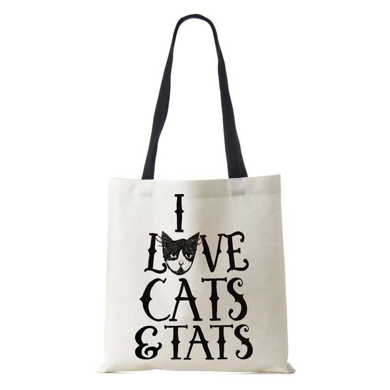 Damen-Handtasche, Leinen-Tragetaschen mit Katzen-Aufdruck, lässig, für Reisen, Strand, Geschenktaschen von Joom DACH