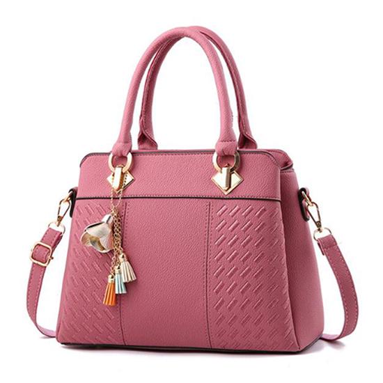 Damen-Handtaschen aus Leder mit Quaste und Stickerei, Schultertasche mit Tragegriff oben 31cm*14cm*23cm dunkel rosa von Joom DACH