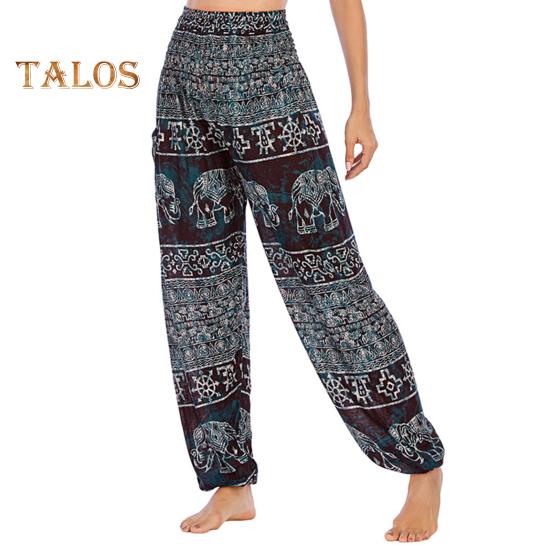 Damen Haremshose Yogahose mit Taschen Breite elastische Taille Thai Elefantendruck Hose mit weitem Bein Urlaub Arbeit Pumphose schwarz von Joom DACH