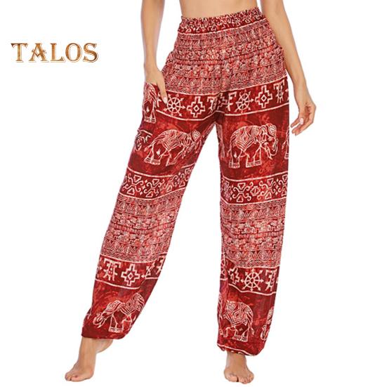Damen Haremshose Yogahose mit Taschen Breite elastische Taille Thai Elefantendruck Hose mit weitem Bein Urlaub Arbeit Pumphose rot von Joom DACH
