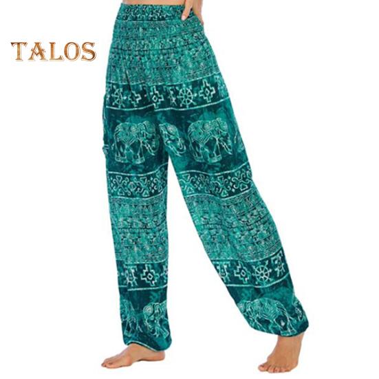 Damen Haremshose Yogahose mit Taschen Breite elastische Taille Thai Elefantendruck Hose mit weitem Bein Urlaub Arbeit Pumphose grün von Joom DACH