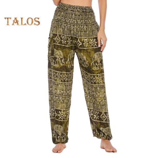 Damen Haremshose Yogahose mit Taschen Breite elastische Taille Thai Elefantendruck Hose mit weitem Bein Urlaub Arbeit Pumphose armee grüne von Joom DACH