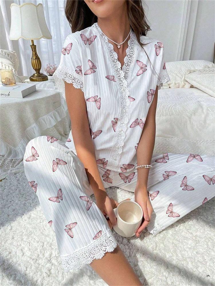 Damen-Hausbekleidung, Kirschdruck, wasserlöslich gestickte Kante, kurzärmeliges und langes Hosen-Pyjama-Set, geeignet für Frauen, um Pyjamas draußen zu tragen XL Damen-Hausbekleidung, Kirschdruck, wasserlöslich gestickte Kante, kurzärmeliges und langes Hosen-Pyjama-Set, geeignet für Frauen, um Pyjamas draußen zu tragen XL von Joom DACH