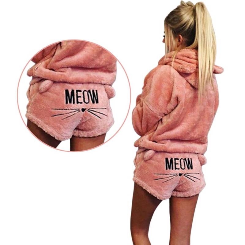 Damen-Hauskleid-Set, warmer, einfarbiger Plüsch-Pyjama XXL rosa von Joom DACH