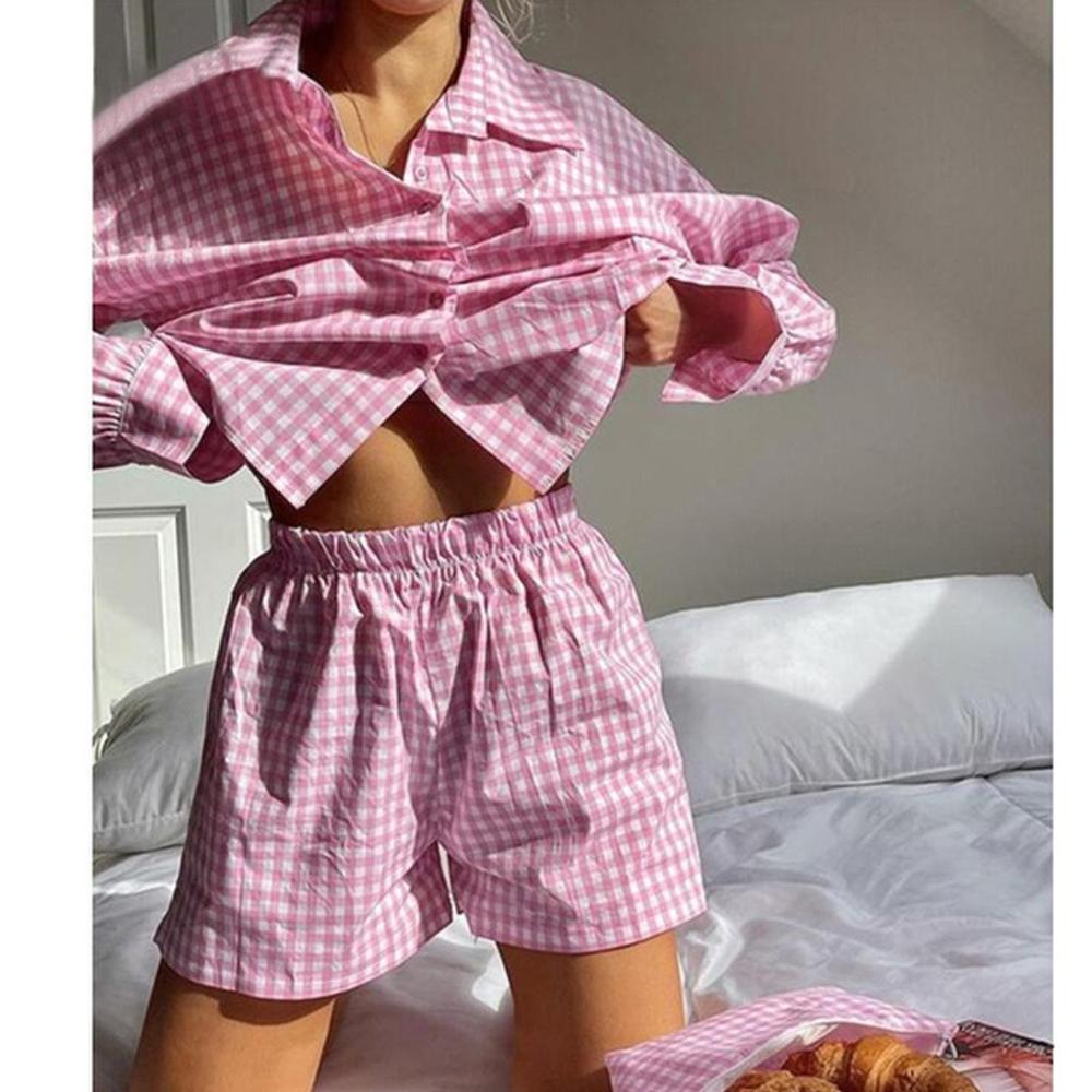 Damen-Hauskleidung, Loungewear, Pyjama, rosa kariertes Langarmhemd, Oberteile und hoch taillierte Mini-Shorts, zweiteiliges Trainingsanzug-Set S von Joom DACH
