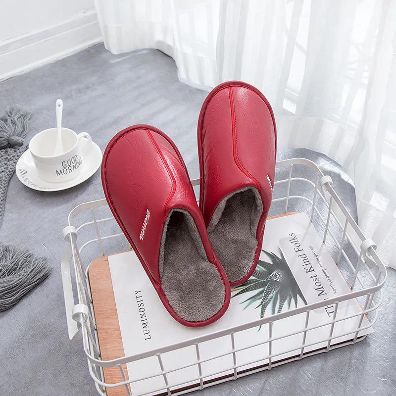 WTEMPO Damen Hausschuhe Leder Winter Winddicht Warm Plüsch Hausschuhe für Herren Indoor Schlafzimmer Paar Liebhaber Flach Rutschfest Hausschuhe 38-39 rot von Joom DACH