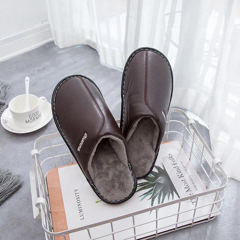 WTEMPO Damen Hausschuhe Leder Winter Winddicht Warm Plüsch Hausschuhe für Herren Indoor Schlafzimmer Paar Liebhaber Flach Rutschfest Hausschuhe 42-43 braun von Joom DACH