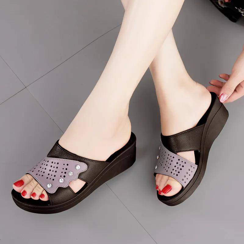 Damen Hausschuhe Sommer Leder Retro Frau Flip Flops Schuhe Casual Plattform Damen Outdoor Hausschuhe 36 schwarz von Joom DACH