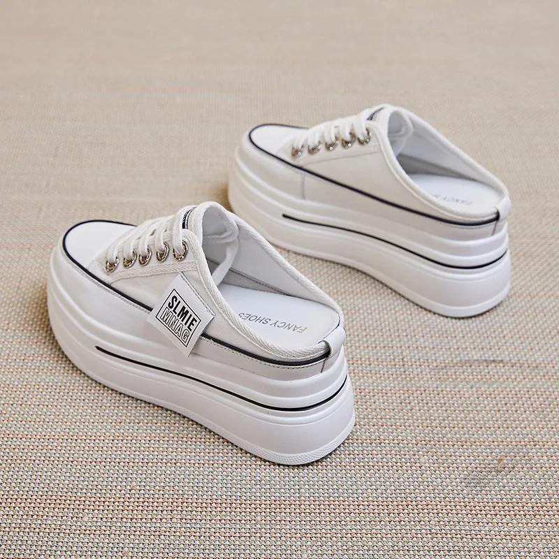 Damen-Hausschuhe mit Plateau-Keilabsatz aus echtem Canvas, Schnürschuh, klobiger Sneaker, lässig, bequem, hoch atmungsaktiv, Sommer-Wanderschuhe 38 weiß von Joom DACH