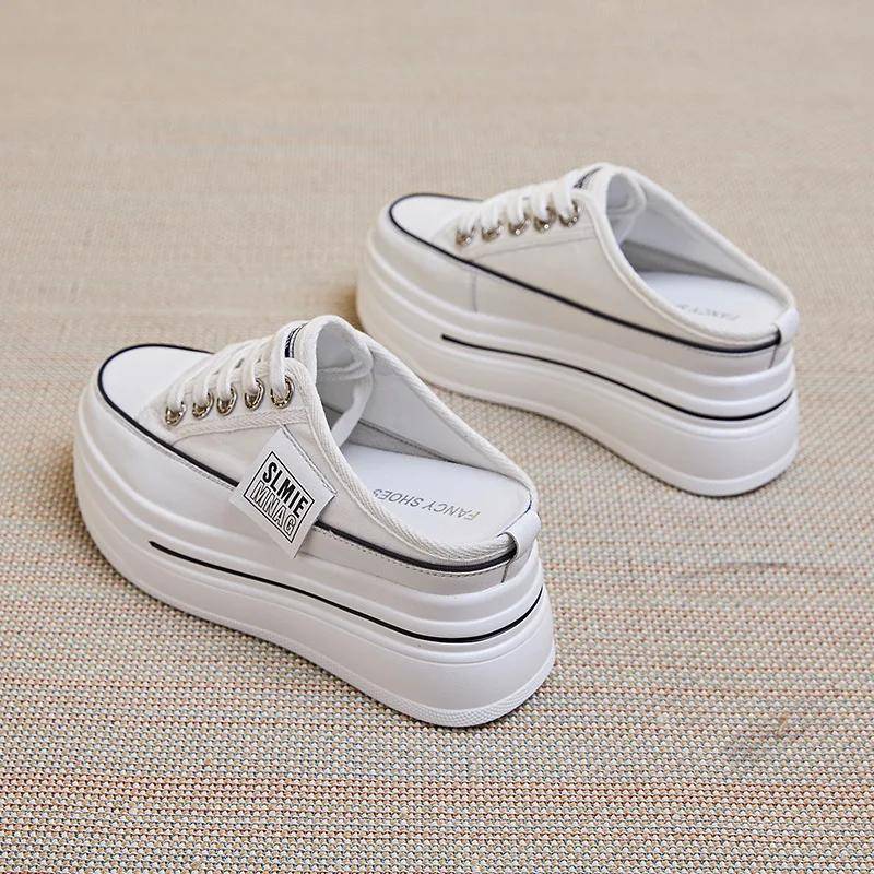 Damen-Hausschuhe mit Plateau-Keilabsatz aus echtem Canvas, Schnürschuh, klobiger Sneaker, lässig, bequem, hoch atmungsaktiv, Sommer-Wanderschuhe 38 weiß von Joom DACH