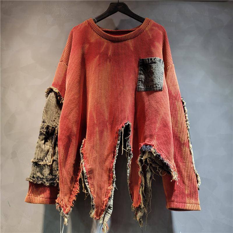 Damen Herbst/Winter Einzigartiger Patchwork Asymmetrischer Pullover Retro Distressed Batik Langarm Strickpullover XXL von Joom DACH