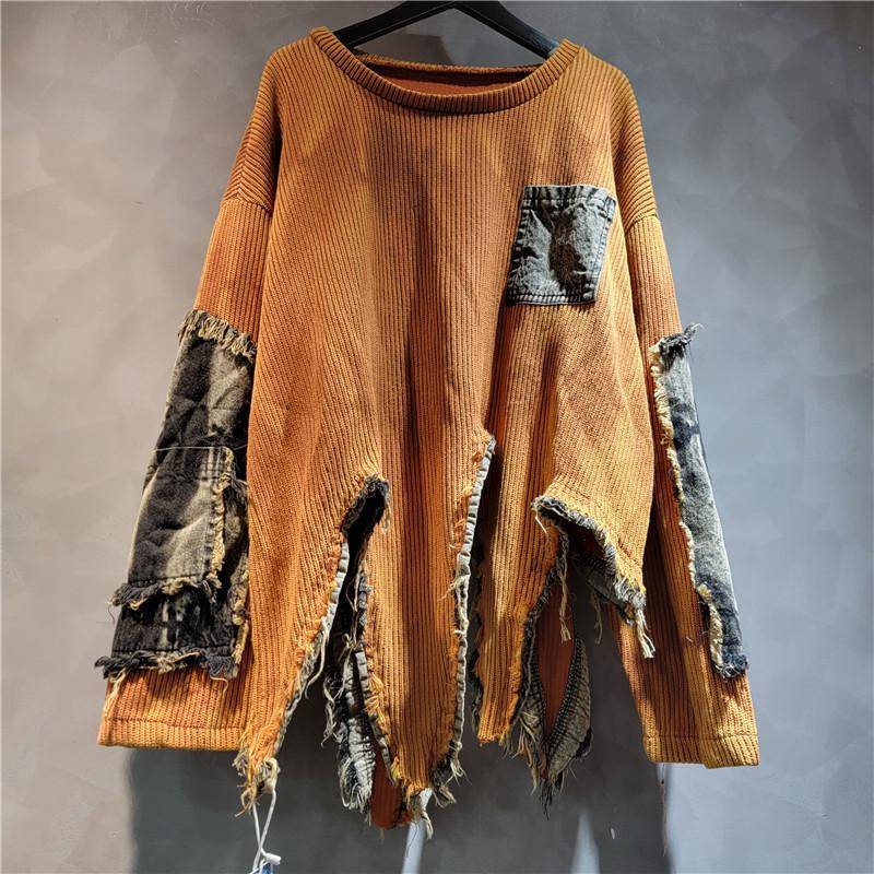 Damen Herbst/Winter Einzigartiger Patchwork Asymmetrischer Pullover Retro Distressed Batik Langarm Strickpullover XXL von Joom DACH
