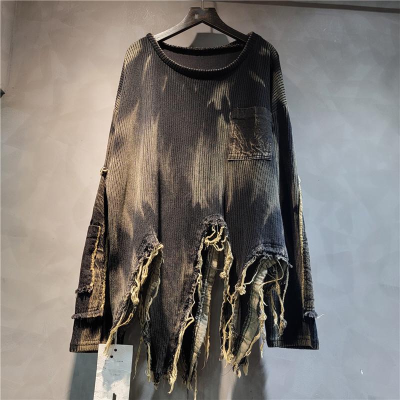 Damen Herbst/Winter Einzigartiger Patchwork Asymmetrischer Pullover Retro Distressed Batik Langarm Strickpullover XXL von Joom DACH