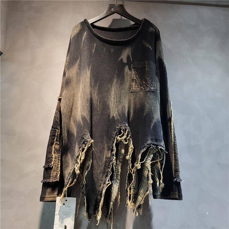 Damen Herbst/Winter Einzigartiger Patchwork Asymmetrischer Pullover Retro Distressed Batik Langarm Strickpullover XXL von Joom DACH