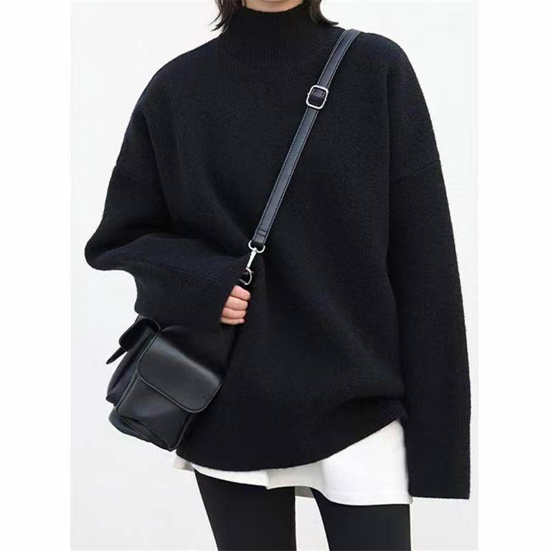 Damen Herbst/Winter Halb-Rollkragen Einfarbig Lockerer Kurzer Strickpullover one size schwarz von Joom DACH