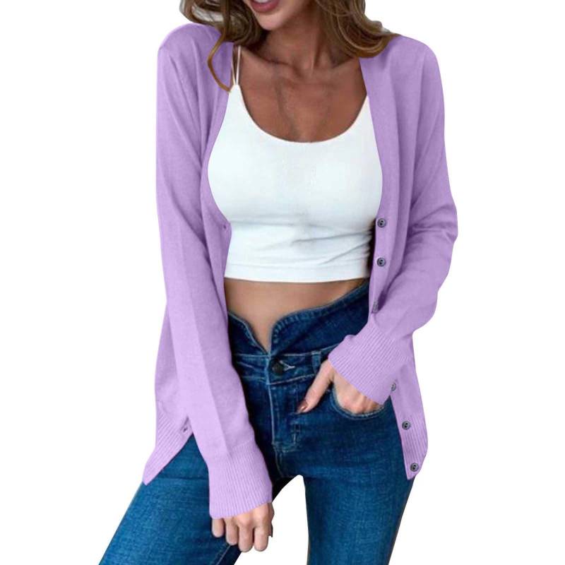 Damen Herbst Knopf einfarbig Langarm Strickjacke Damen Strickpullover XXL violett von Joom DACH