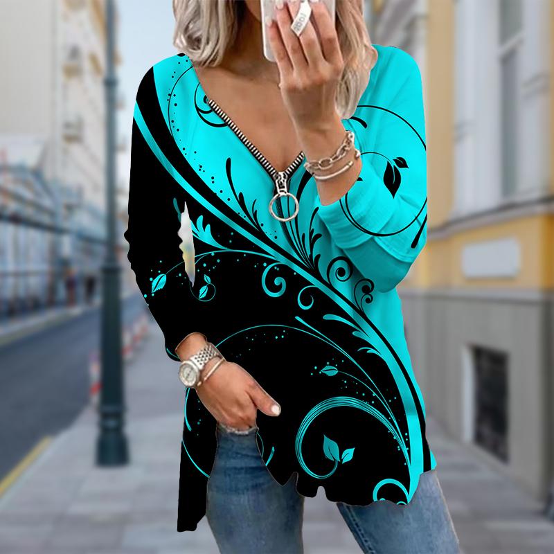 Damen Herbst Kreatives Design Bedruckte Langarm-T-Shirts Lockerer V-Ausschnitt Übergröße T-Shirt Tops Bequeme Bluse 2XL von Joom DACH