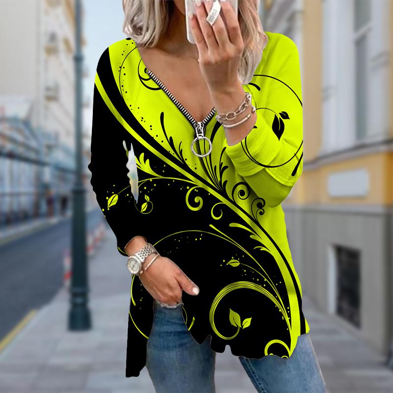 Damen Herbst Kreatives Design Bedruckte Langarm-T-Shirts Lockerer V-Ausschnitt Übergröße T-Shirt Tops Bequeme Bluse 8XL gelb von Joom DACH