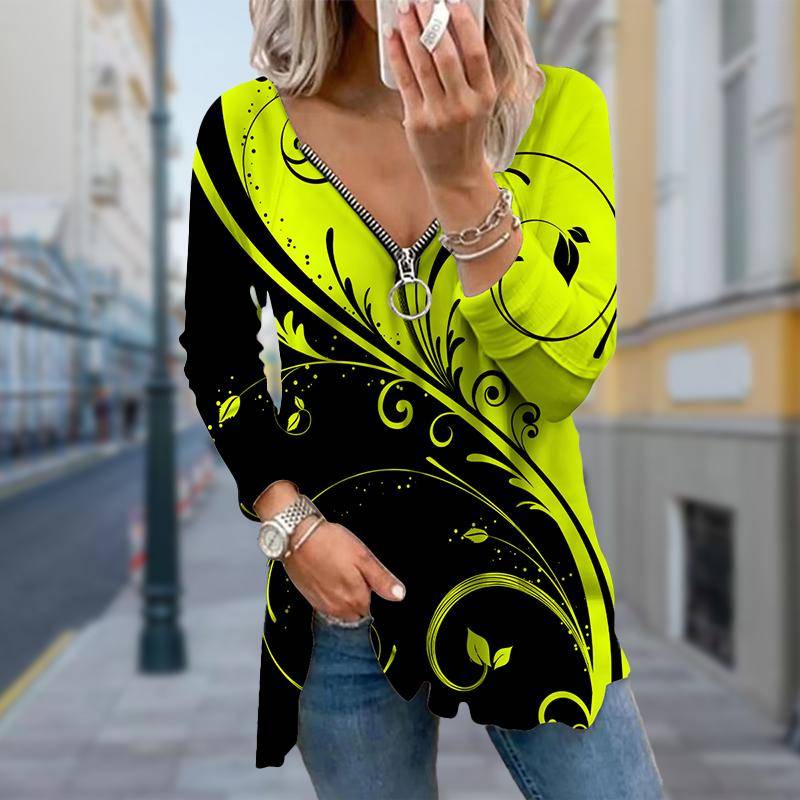 Damen Herbst Kreatives Design Bedruckte Langarm-T-Shirts Lockerer V-Ausschnitt Übergröße T-Shirt Tops Bequeme Bluse 8XL gelb von Joom DACH