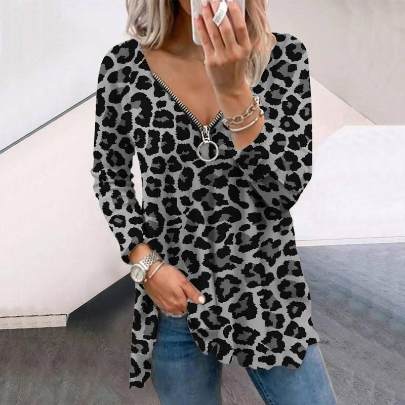 Damen Herbst Kreatives Leopardenmuster Bedrucktes Langarm-T-Shirt Lockerer V-Ausschnitt Übergröße T-Shirt Tops Bequeme Bluse XL grau von Joom DACH