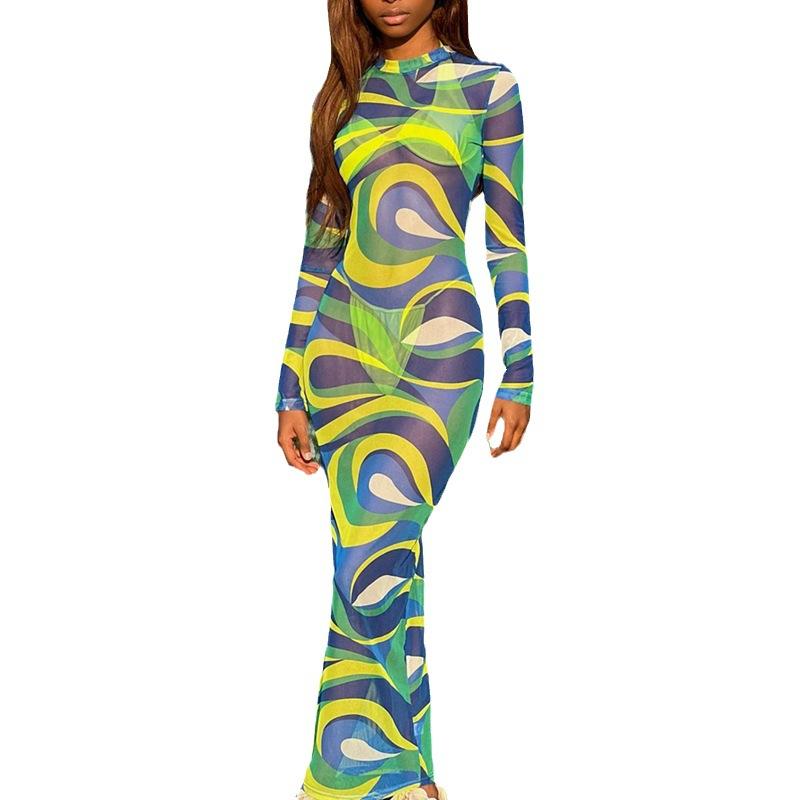 Damen Herbst Neu Lässig Mesh Bedruckt Langarm Rundhals Slim Fit Basic Kleid M grün von Joom DACH