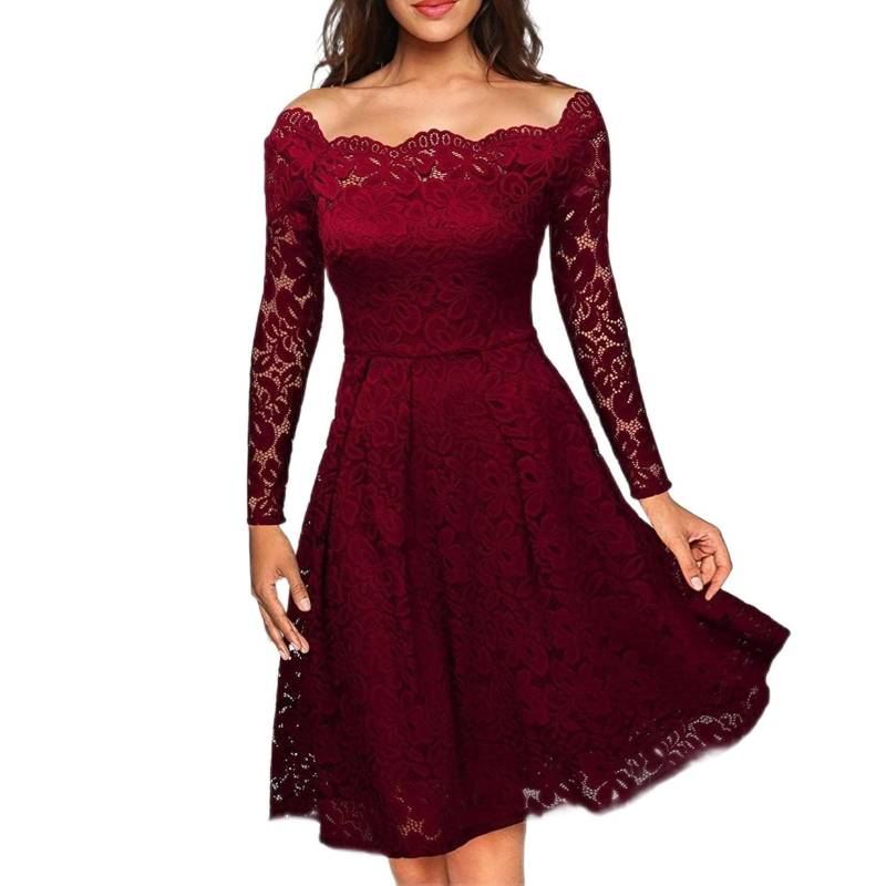 Damen Herbst Schulterfrei Blumen Maxi Kleider Formell Langarm Cocktail Hochzeitsgast Kleid M weinrot von Joom DACH