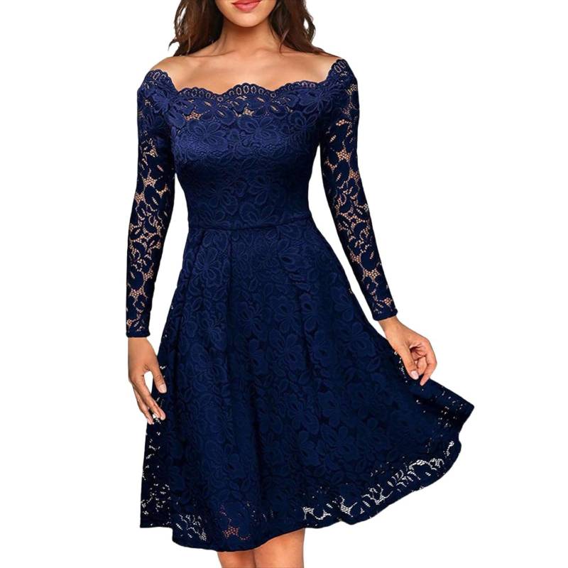 Damen Herbst Schulterfrei Blumen Maxi Kleider Formell Langarm Cocktail Hochzeitsgast Kleid XL dunkelblau von Joom DACH