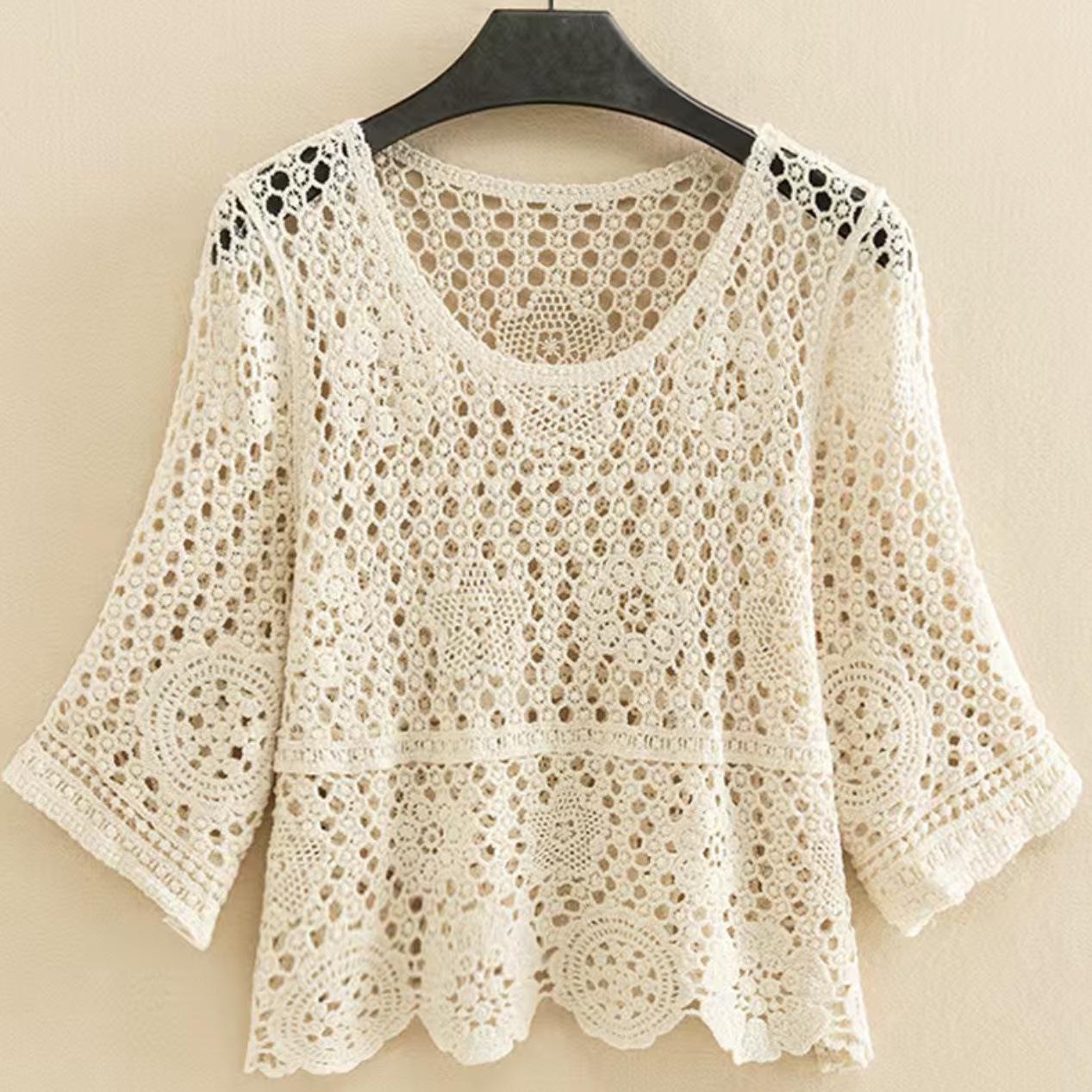 Damen Herbst Strickpullover mit Spitze: Lockeres, leichtes Häkel-Cover-up für Unterkleider XXL (131-150 lbs) von Joom DACH
