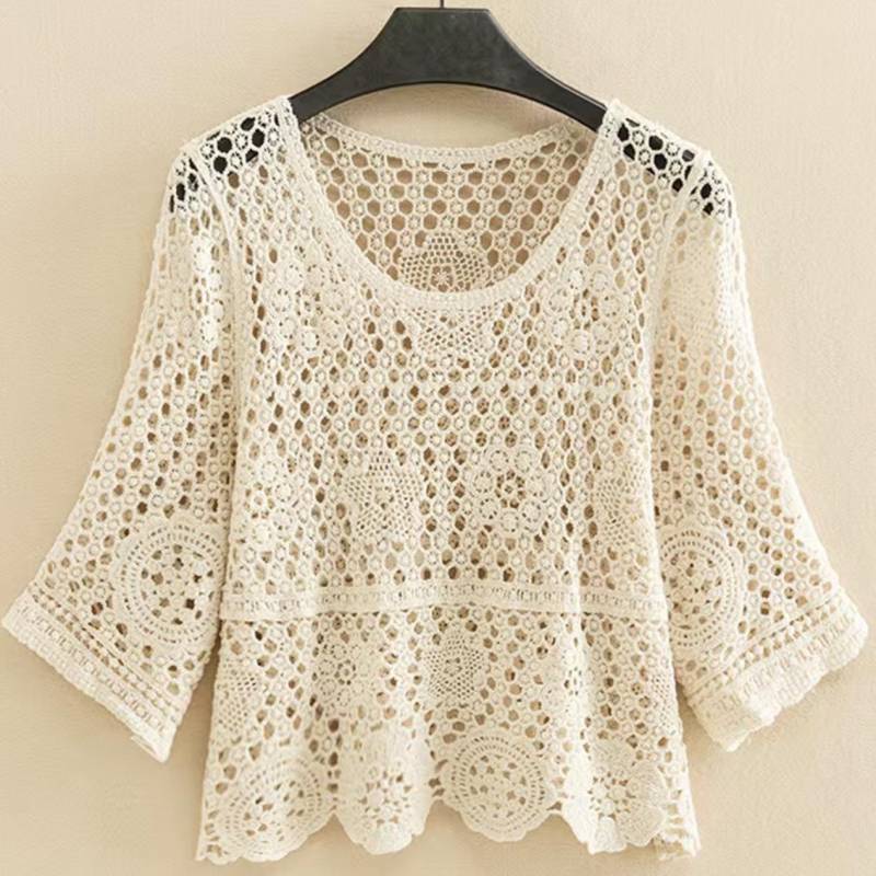 Damen Herbst Strickpullover mit Spitze: Lockeres, leichtes Häkel-Cover-up für Unterkleider XXL (131-150 lbs) von Joom DACH